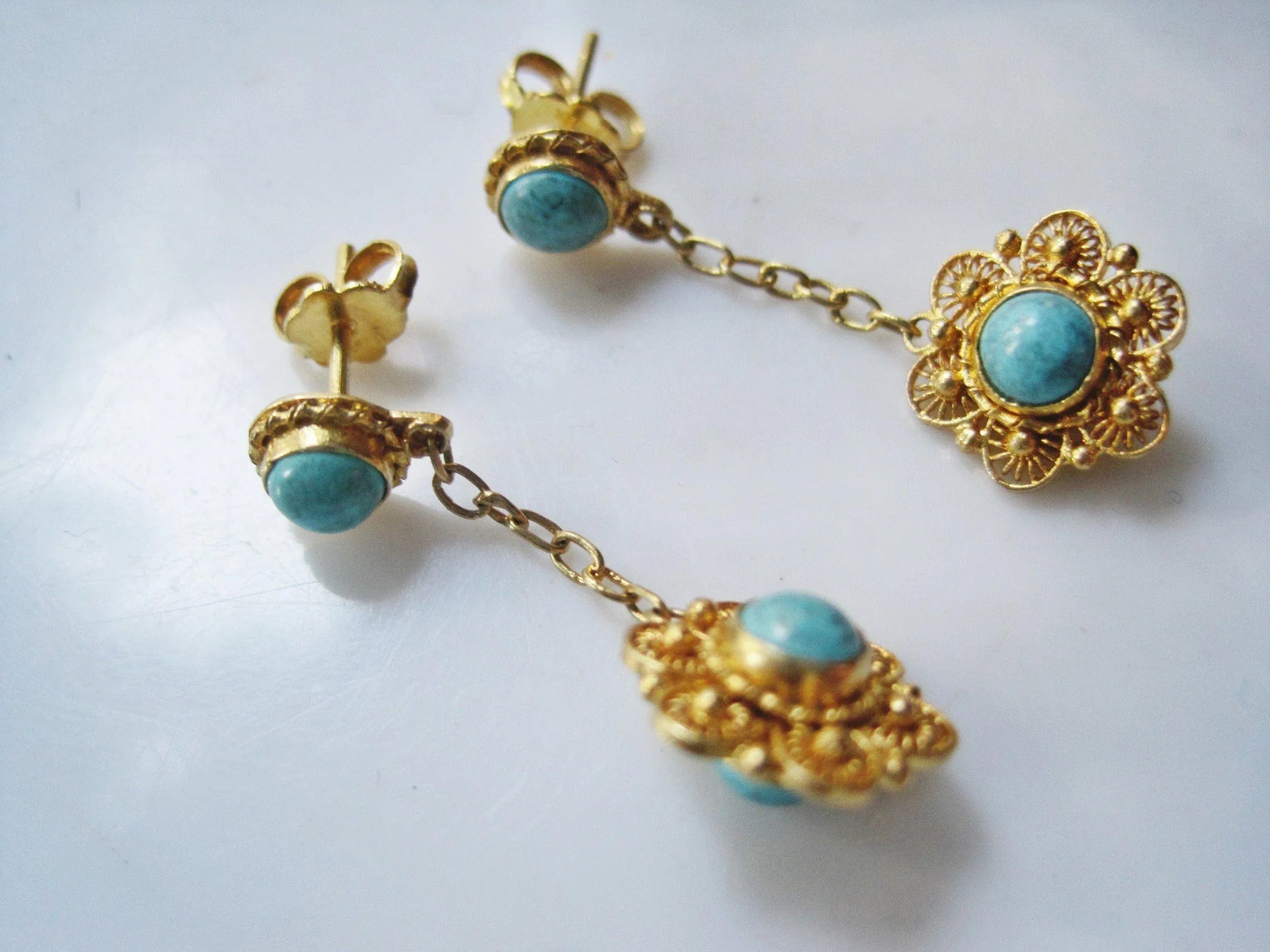 Vintage Chinese Gold Gilt Silver and Turquoise Post Earrings