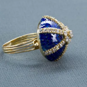 Vintage Diamond Blue Enamel Gold Dome Ring