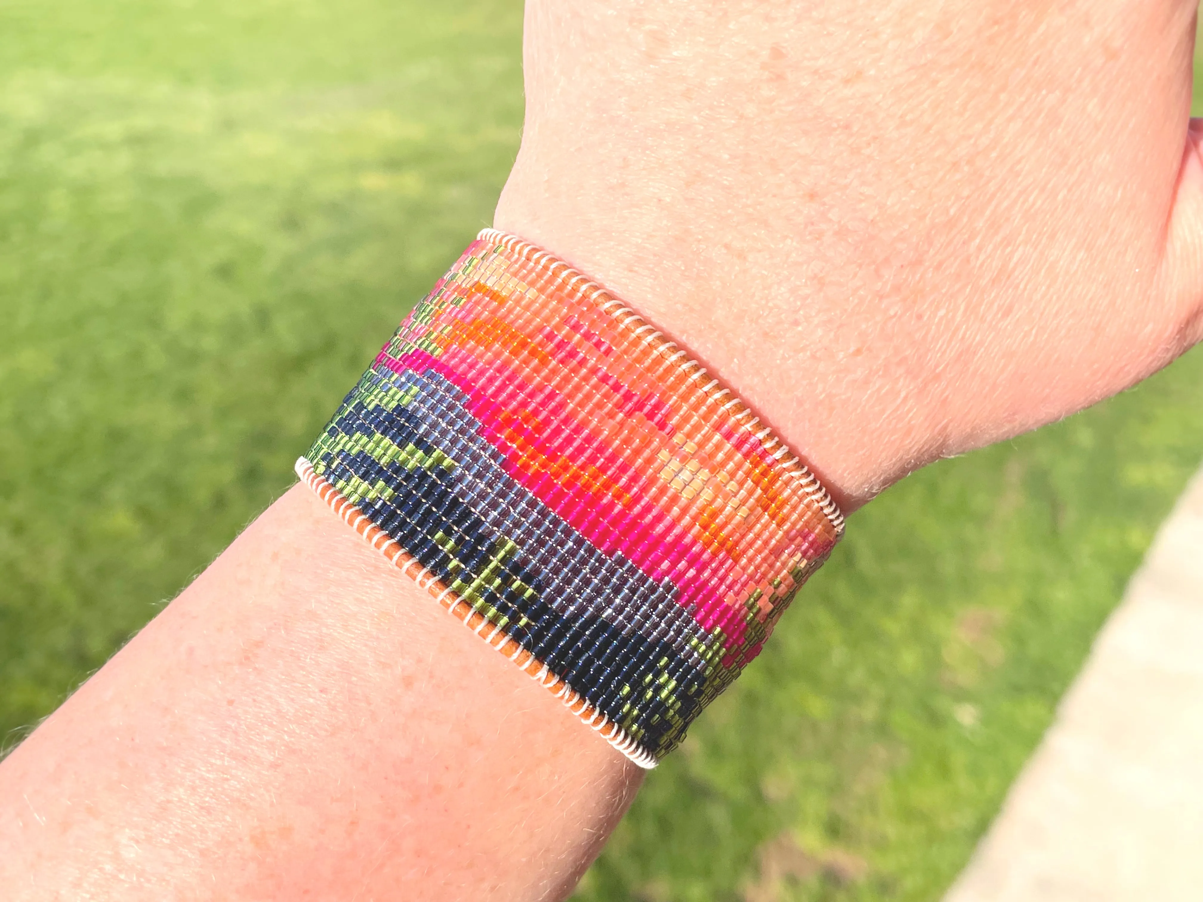 Wide Mountain Sunset Bead Loom Woven Cuff Bracelet with Leather Trim