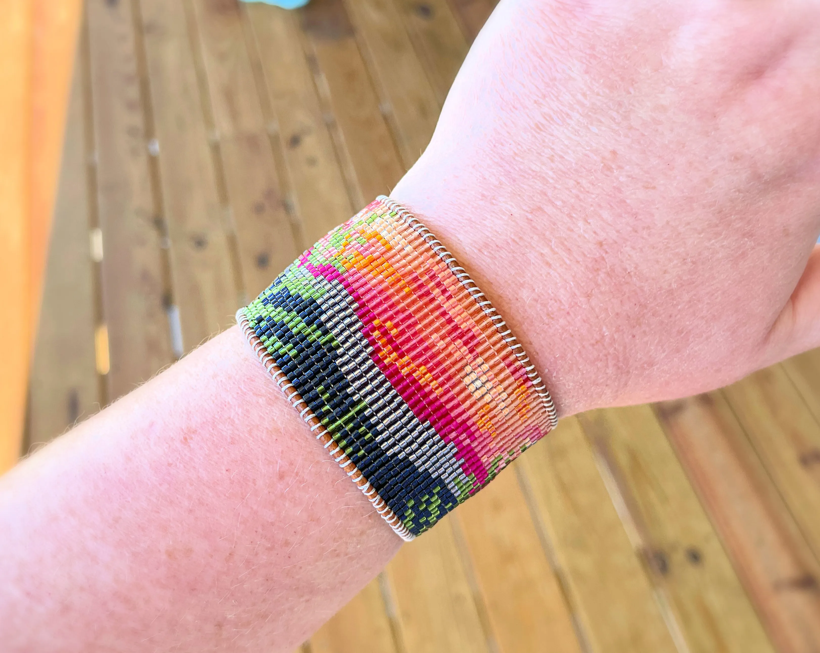 Wide Mountain Sunset Bead Loom Woven Cuff Bracelet with Leather Trim