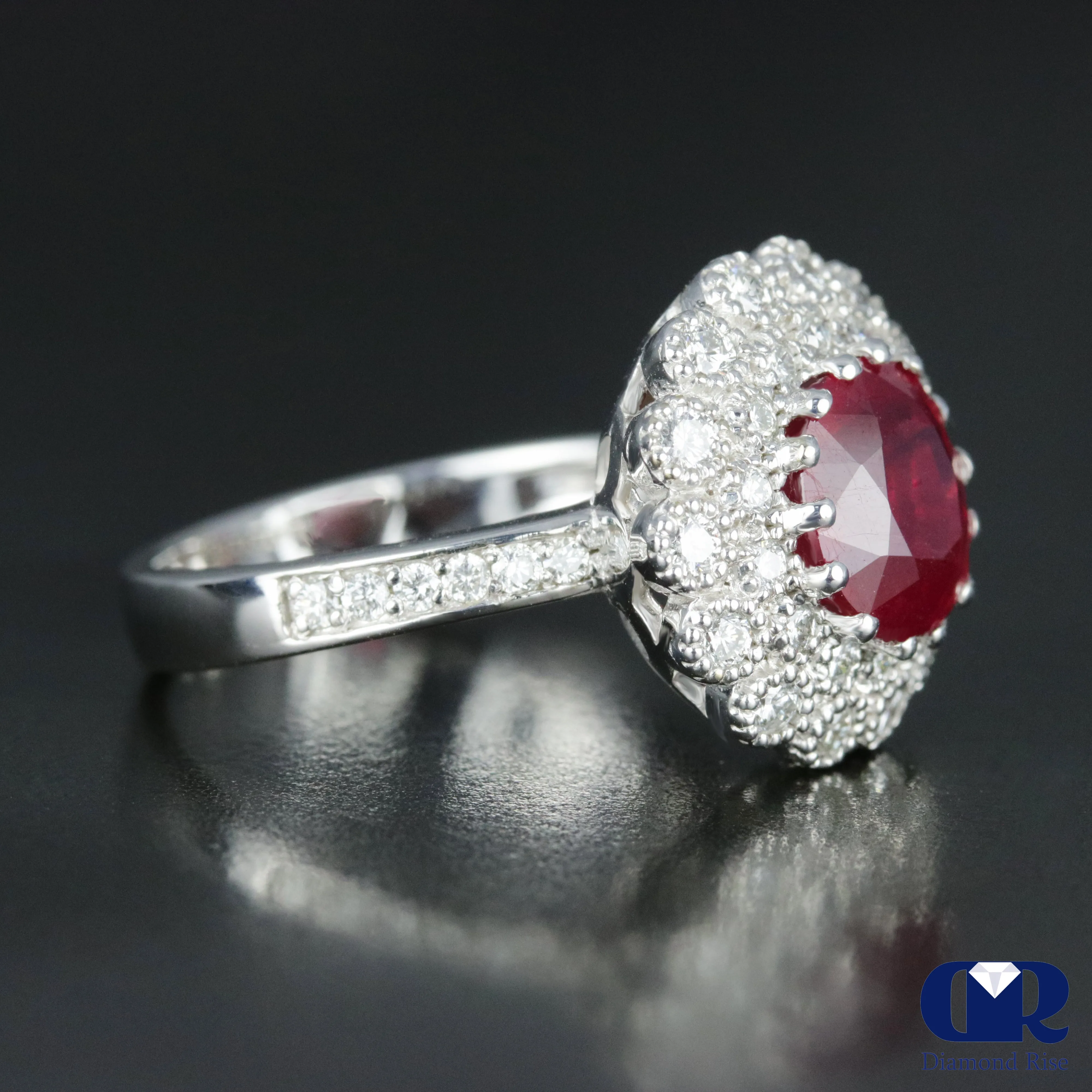 Women's Diamond & Ruby Cocktail Ring Right Hand Ring In 14K White Gold