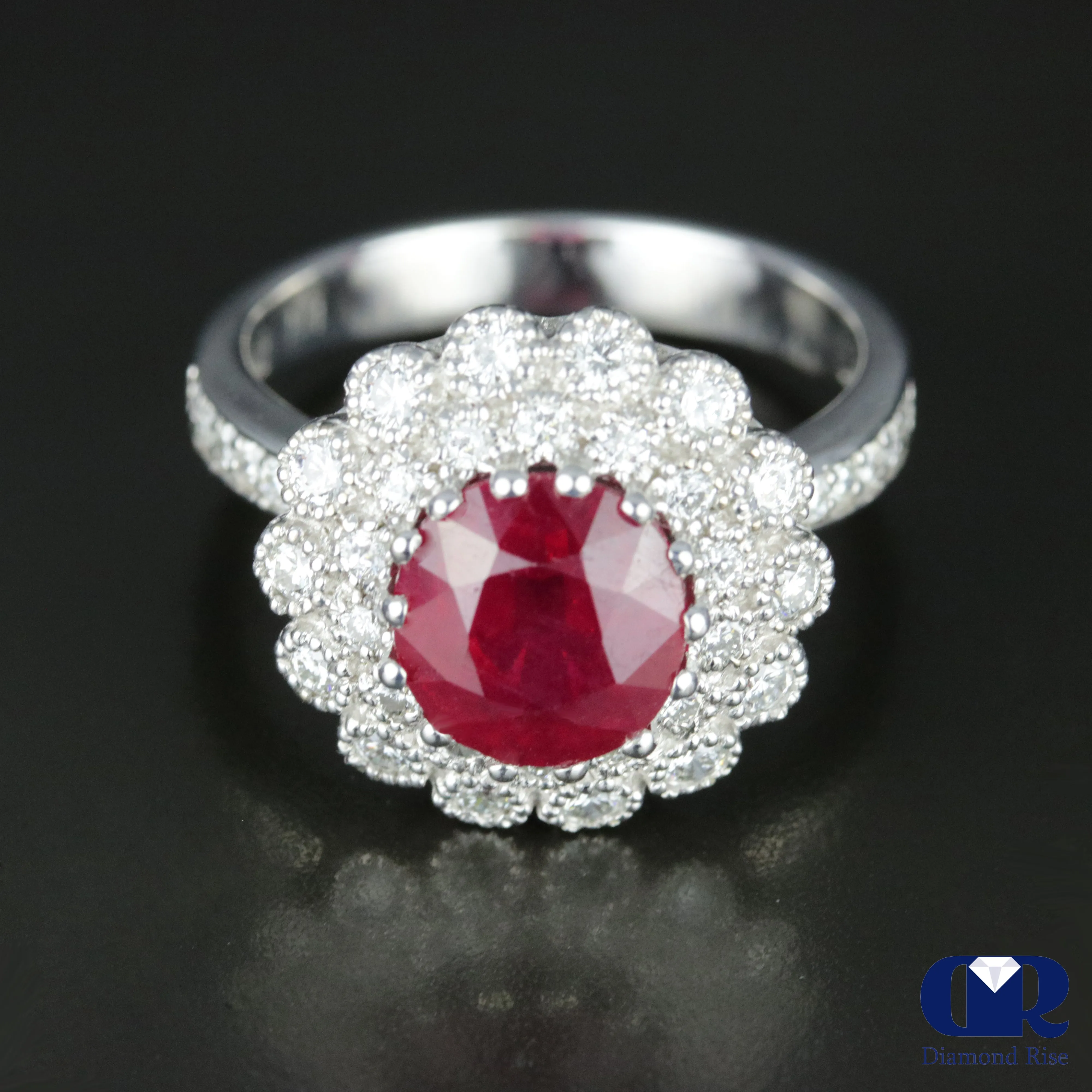 Women's Diamond & Ruby Cocktail Ring Right Hand Ring In 14K White Gold