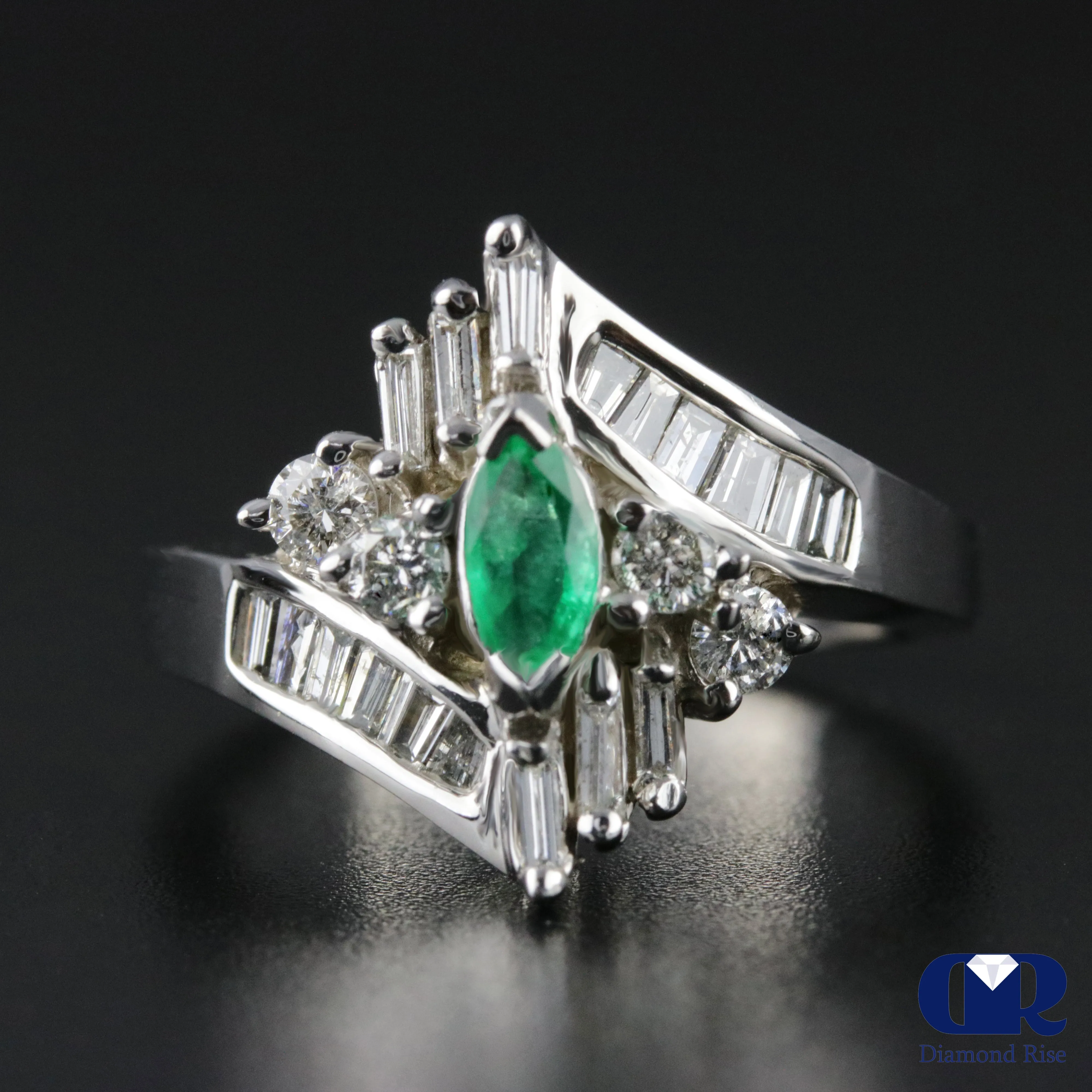 Women's Marquise Emerald & Diamond Cocktail Ring Right Hand Ring In 14K White Gold