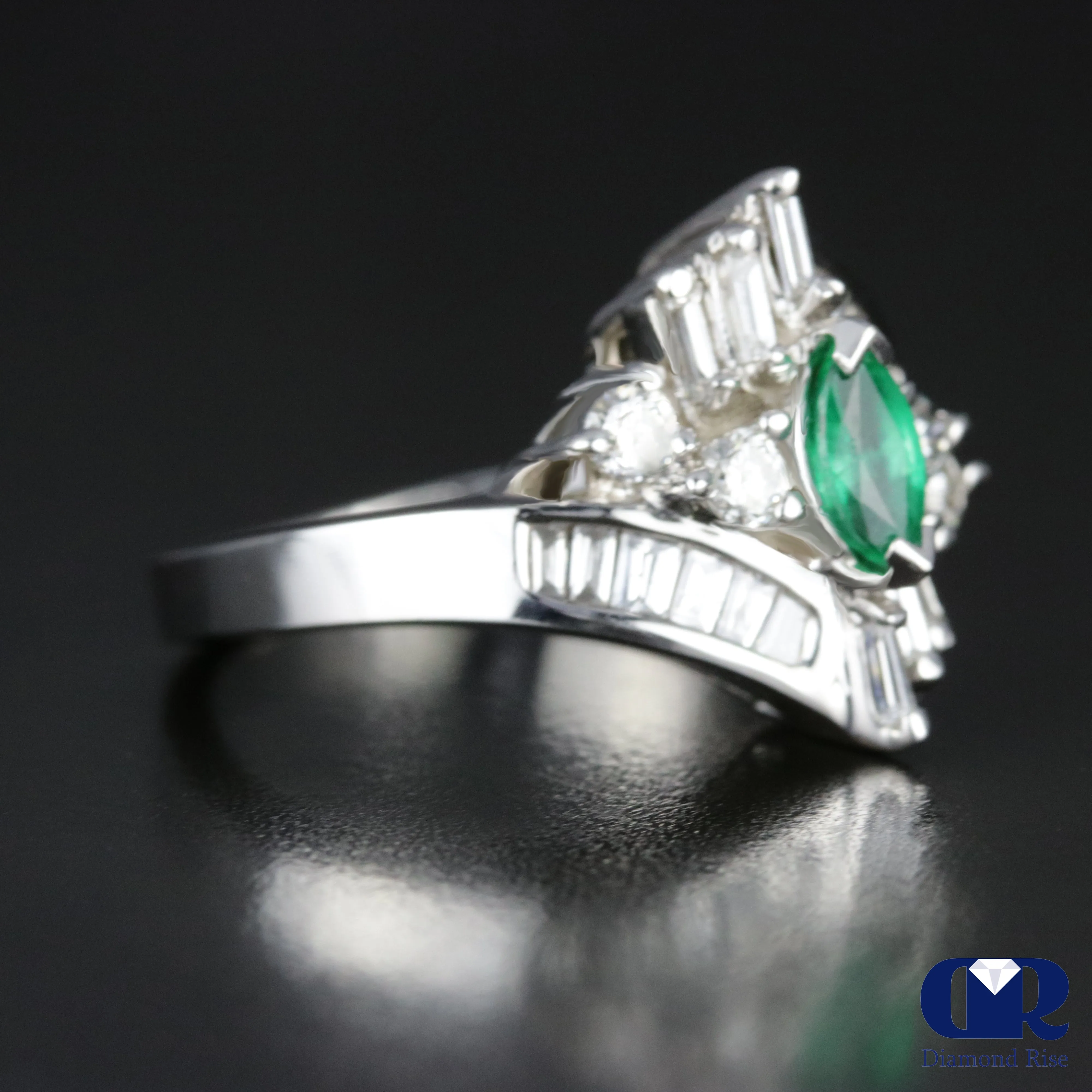 Women's Marquise Emerald & Diamond Cocktail Ring Right Hand Ring In 14K White Gold