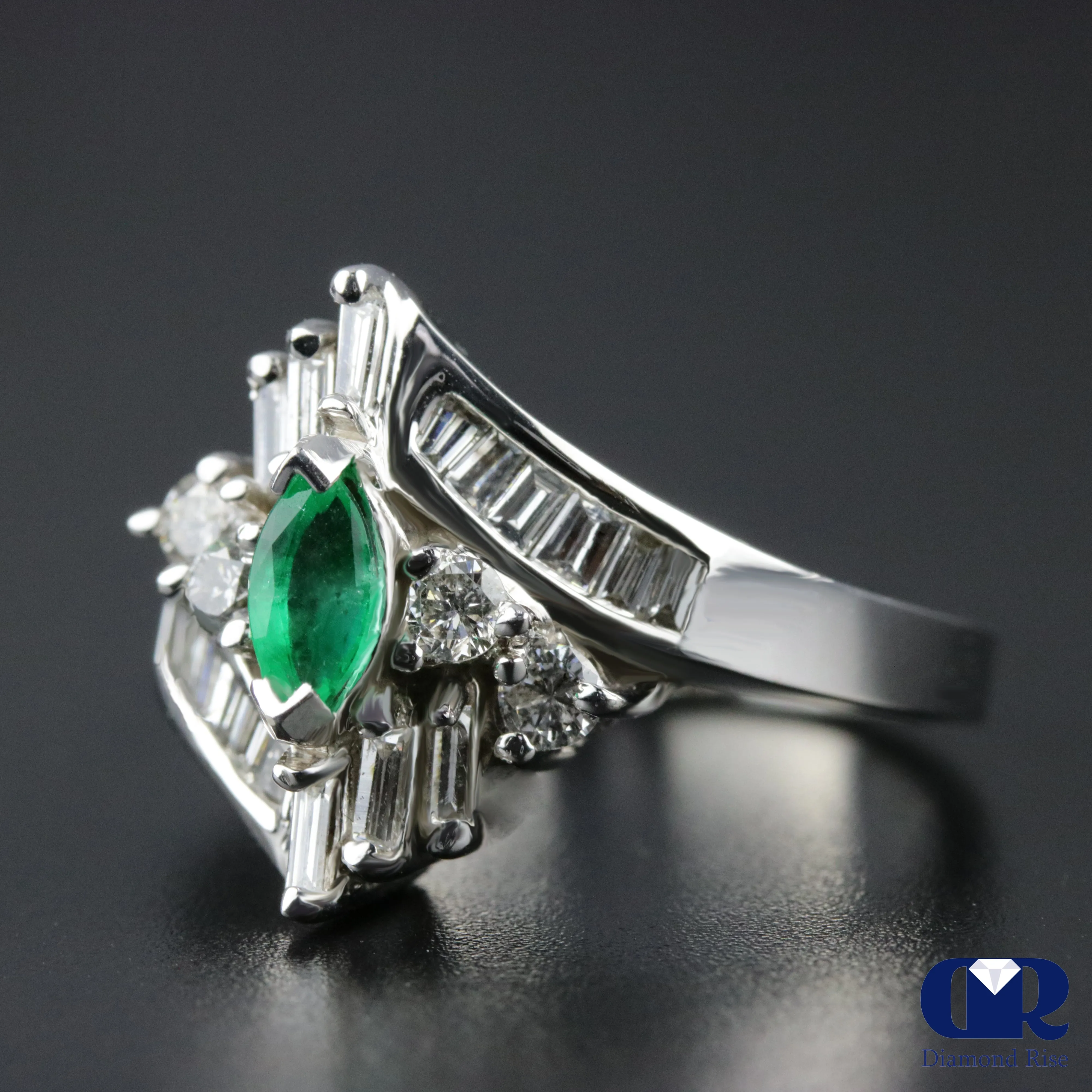 Women's Marquise Emerald & Diamond Cocktail Ring Right Hand Ring In 14K White Gold