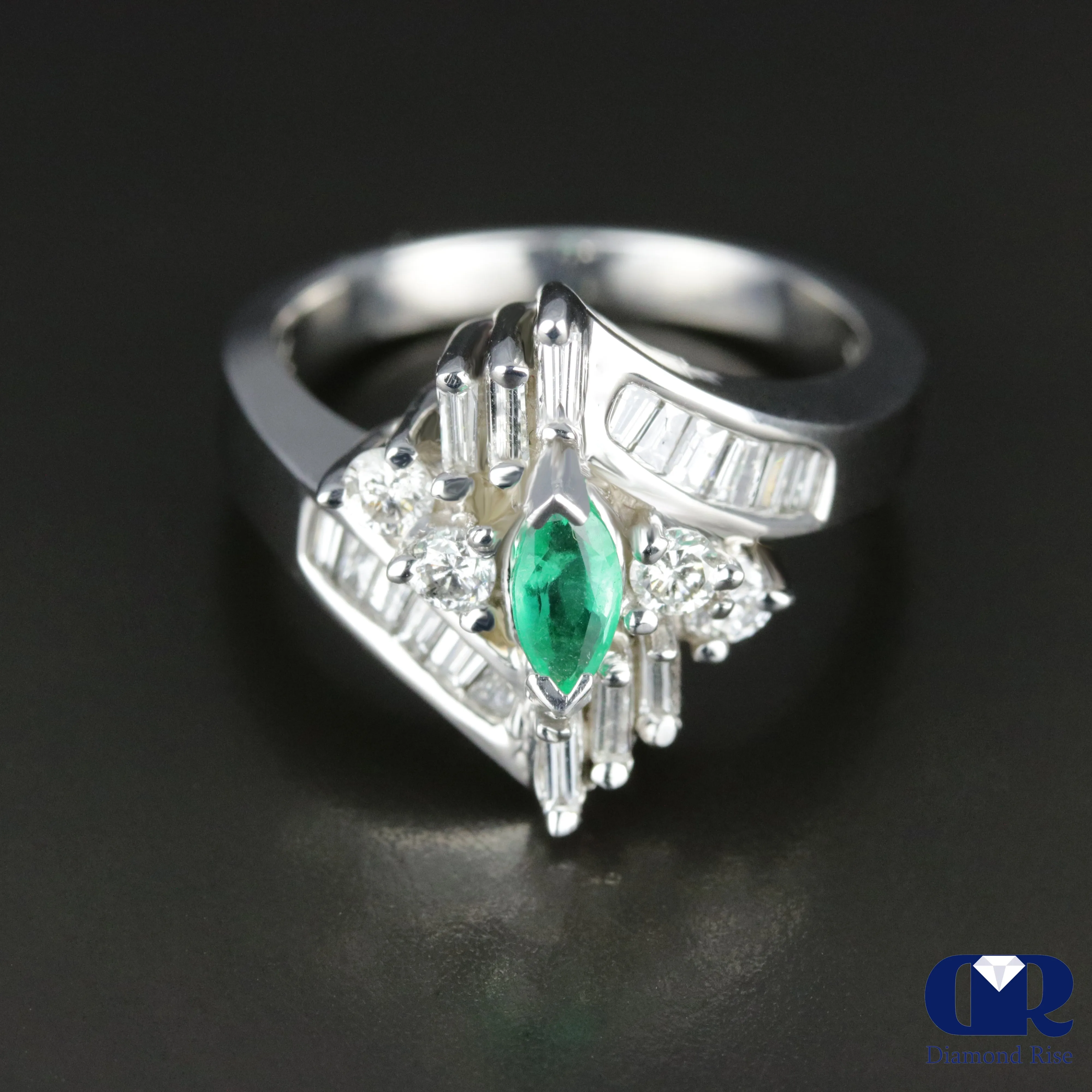 Women's Marquise Emerald & Diamond Cocktail Ring Right Hand Ring In 14K White Gold