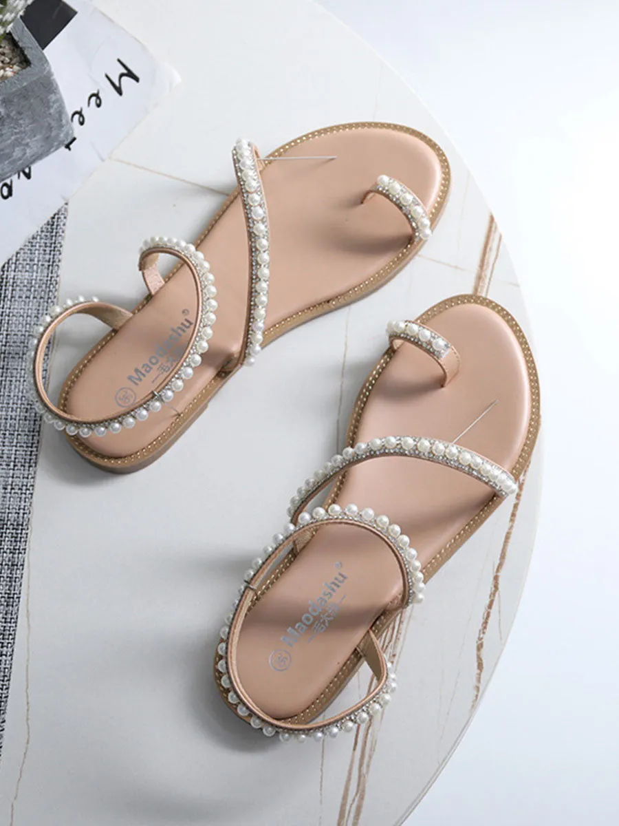 Women's Round Toe Pearl Toe Ring Boho Sandals