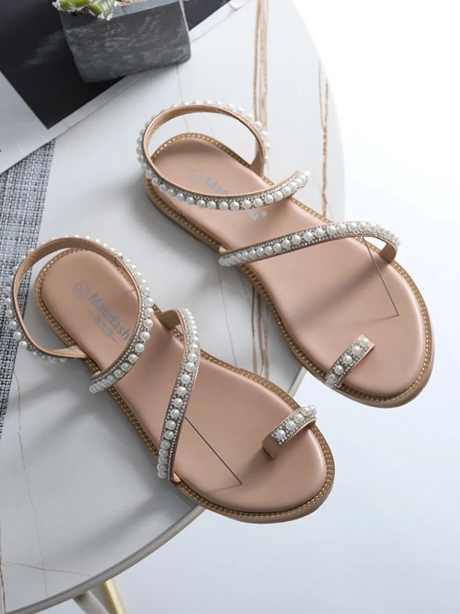 Women's Round Toe Pearl Toe Ring Boho Sandals