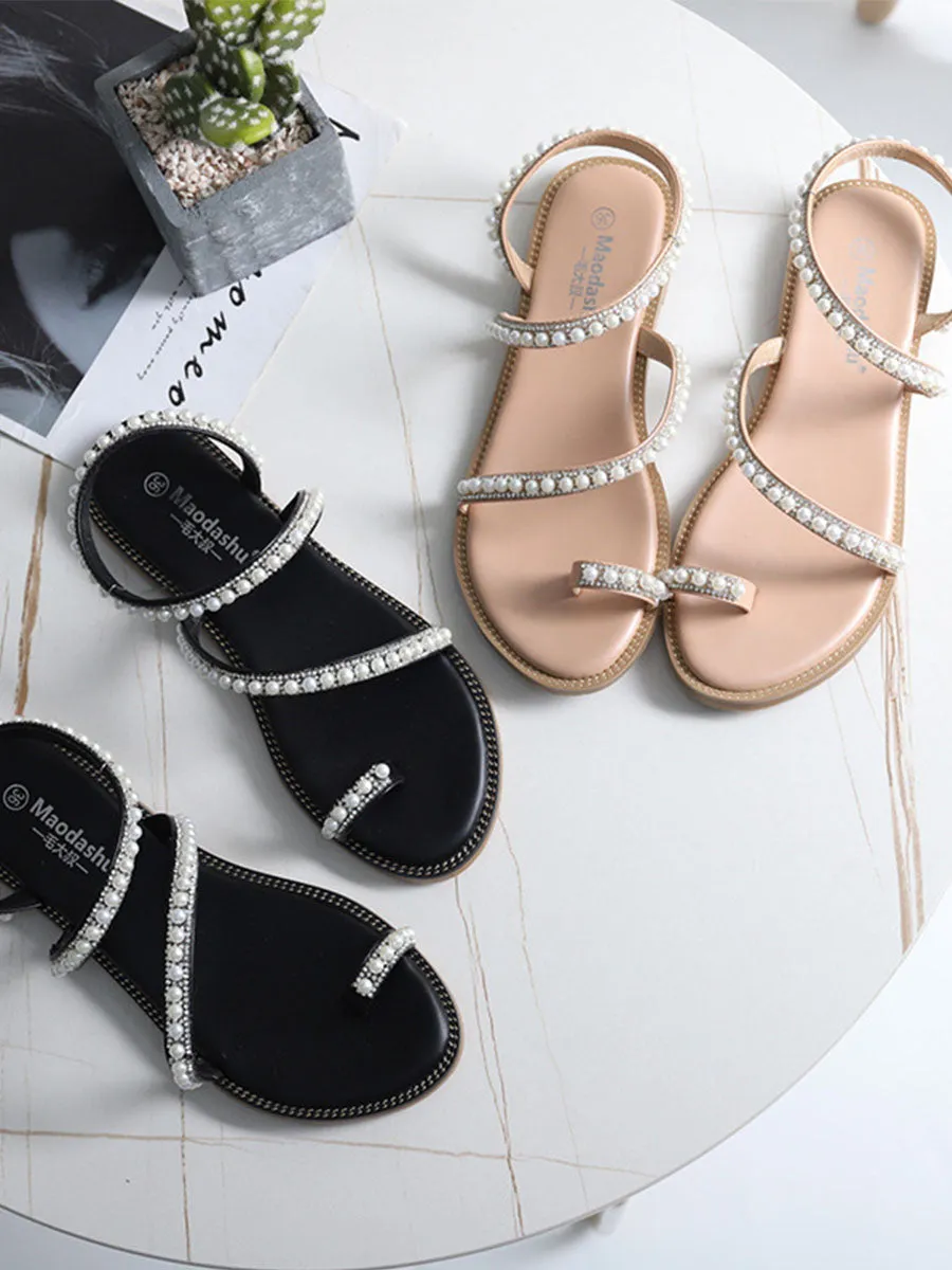 Women's Round Toe Pearl Toe Ring Boho Sandals