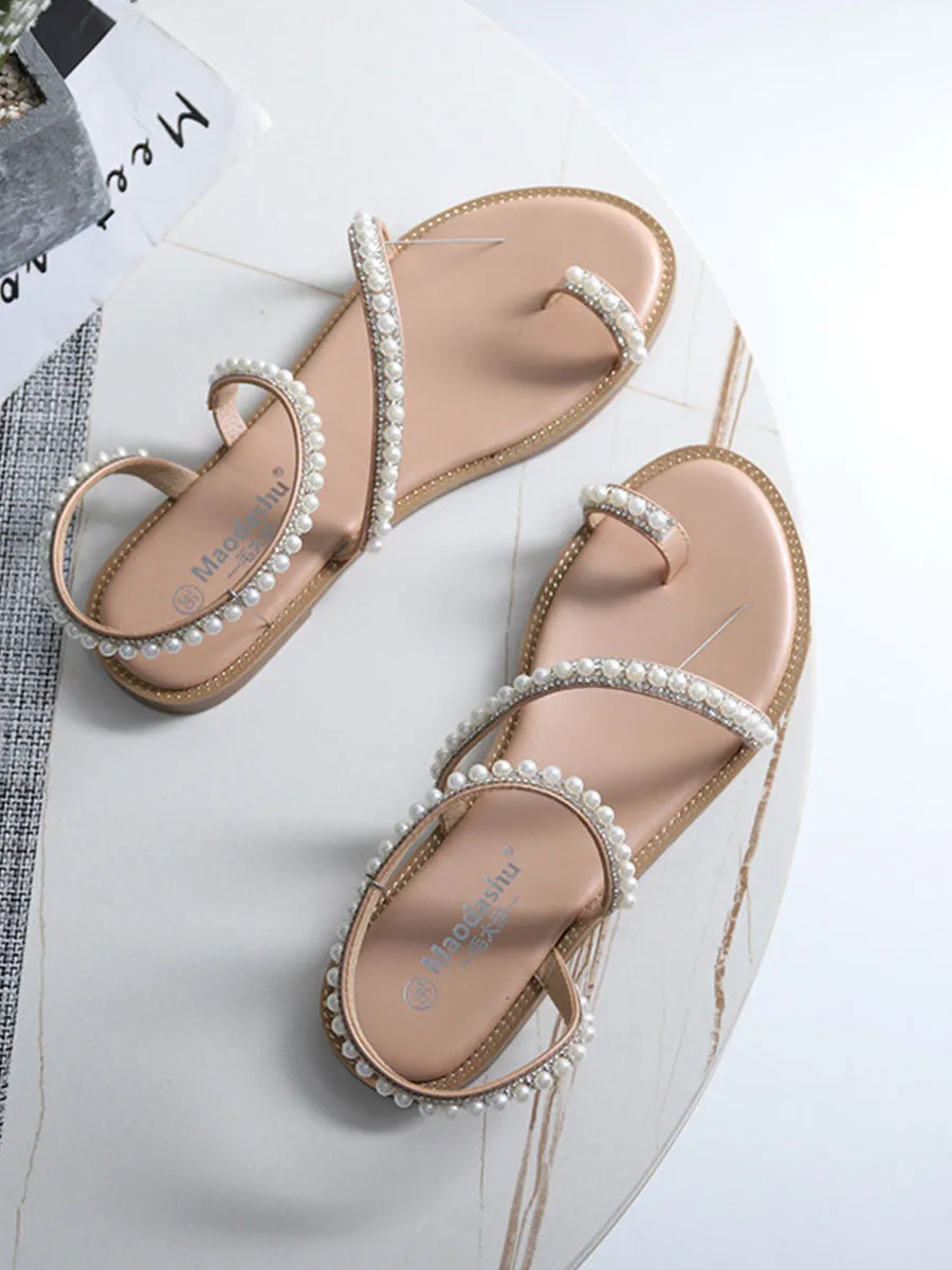 Women's Round Toe Pearl Toe Ring Boho Sandals