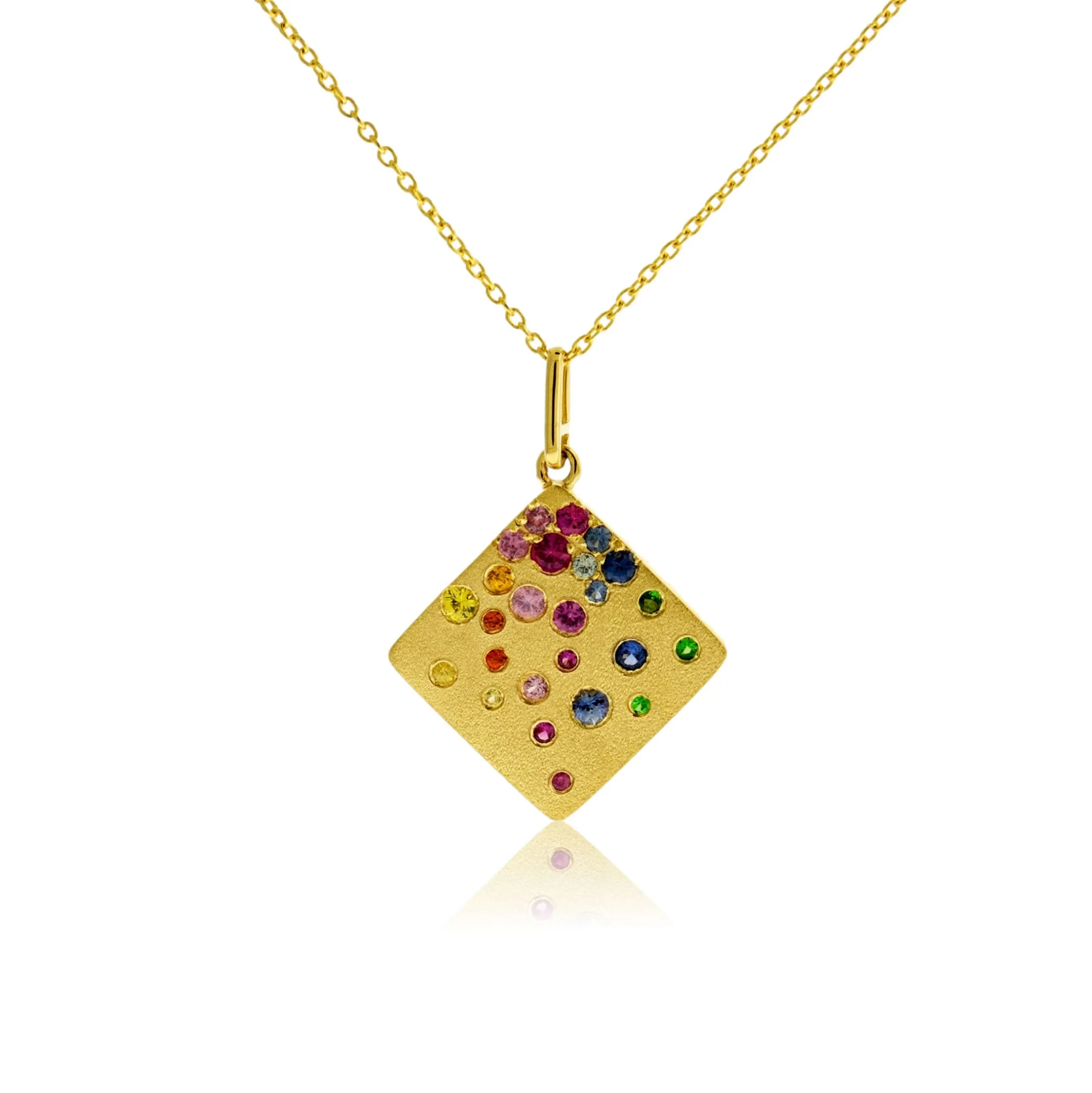 Yellow Gold Satin Finish Flush Set Rainbow Sapphire Square Necklace